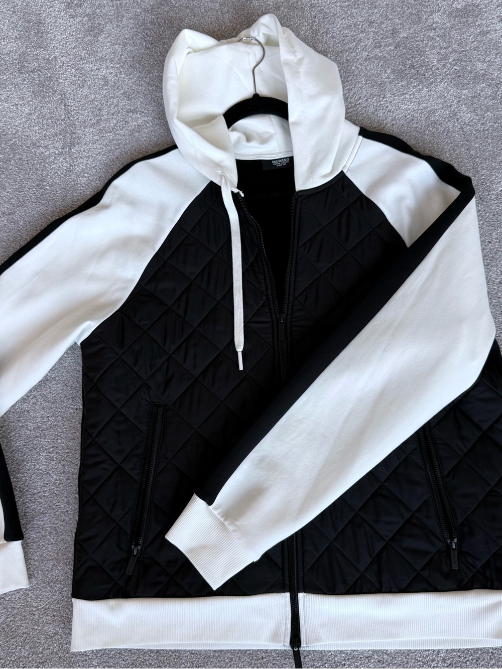 Murano Liquid Luxury Men’s QuiltedFull Zip Hoodie Jacket Black & White XL Slim